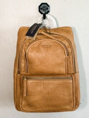 NWT American Leather Co Sutton Leather Tooled Backpack in Cafe Latte